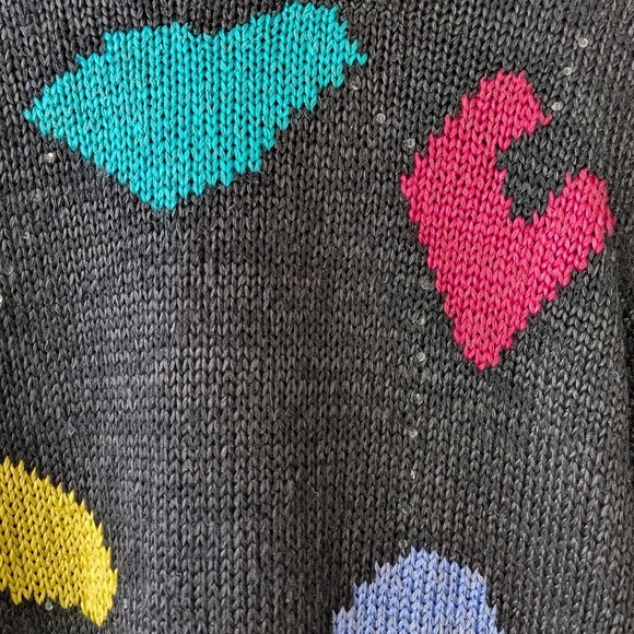 VTG 80s Chaus Abstract Heart Fish Colorful Knit Sweater Silk Large Black - Picture 2 of 7